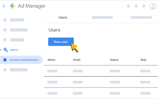 Ad Manager interface showing user management and access settings for google account ads setup