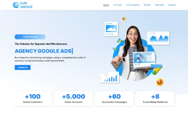 LLD Group homepage banner promoting Google account advertising services with stats on global clients and campaign success.