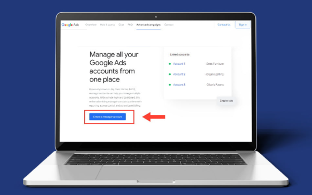 Google Ads dashboard on a laptop screen showing how to create a google mcc account to manage multiple ad accounts from one place.