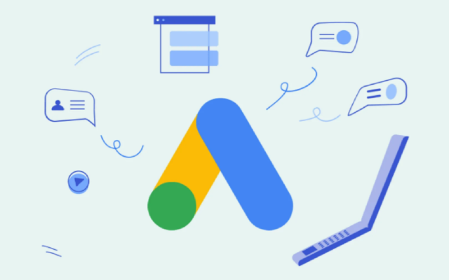 3D icon of Google Ads logo floating against a dark blurred background.