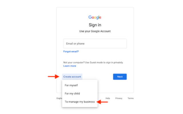 google account sign-in page with create account options for ads settings.
