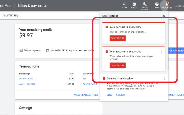 google ads account suspended warning message in dashboard.