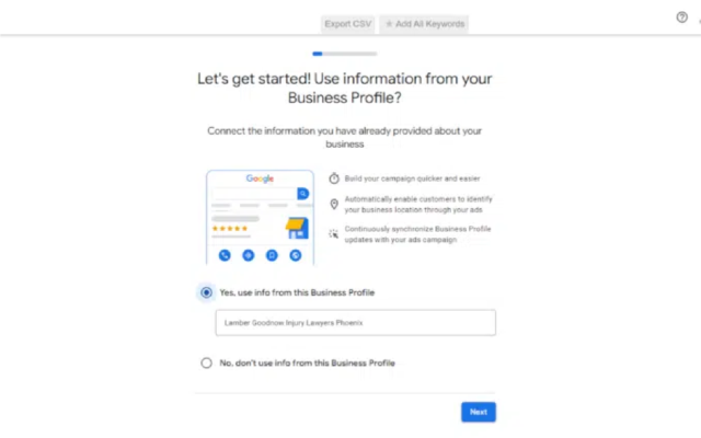 Google Ads business account setup screen asking to use information from a Business Profile.