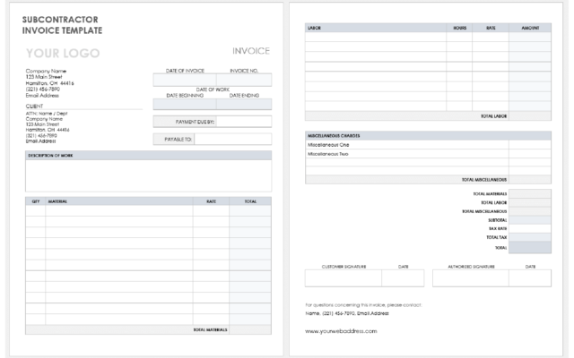 Subcontractor invoice template with sections for labor, materials, and miscellaneous charges.