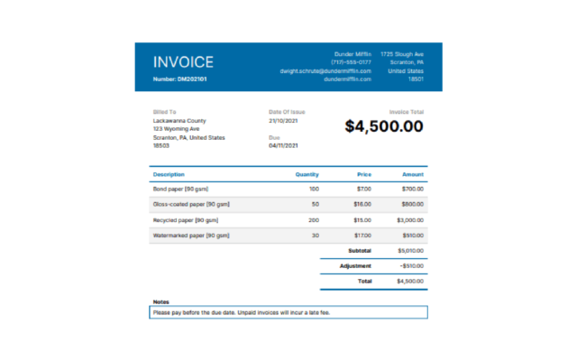 A blue-themed Google invoice showing itemized paper types and a $4,500 total. 