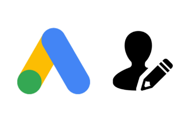 Google Ads icon next to a silhouette of a user with a pencil representing profile editing.