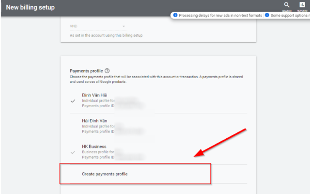 Google Ads billing setup screen showing multiple payment profile options with a red arrow pointing to 'Create payments profile.