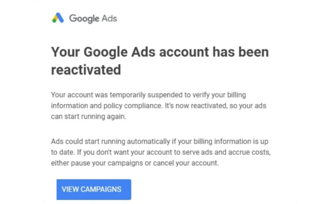 Notification confirming successful reactivation of a Google Ads account after temporary suspension.