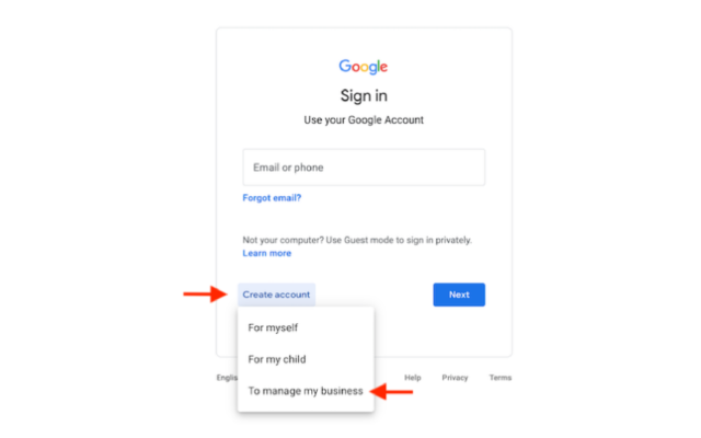 Google sign-in screen highlighting the option to create a new account to set up Google Ads account.