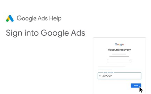  Google Ads Help interface guiding users to sign into their account with recovery code.