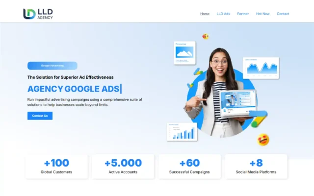 Website of LLD Agency showcasing their Google Advertising services and highlighting positive statistics such as "+100 Global Customers" and "+60 Successful Campaigns," suggesting their expertise in managing Google Ads accounts.