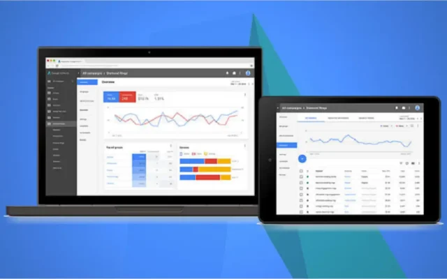 Google Ads My Client Center interface displayed on a laptop and tablet, showing campaign performance data.