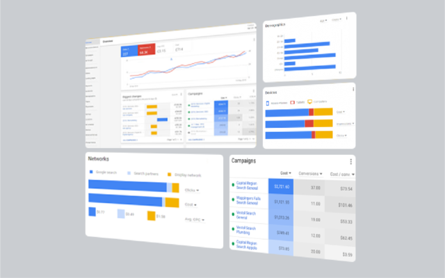 Overview of Google Ads campaign performance metrics, demographics, devices, and networks within the My Client Center.