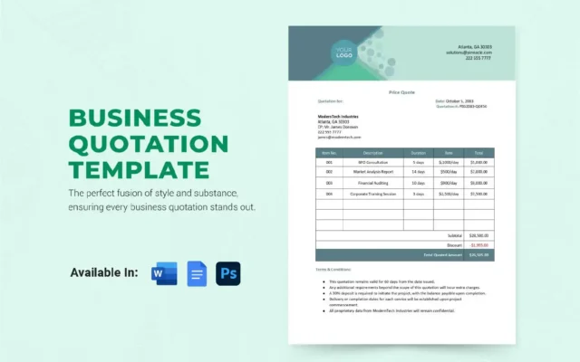 Business quotation template showcasing a modern pricing table layout for corporate services, including consultation and training.