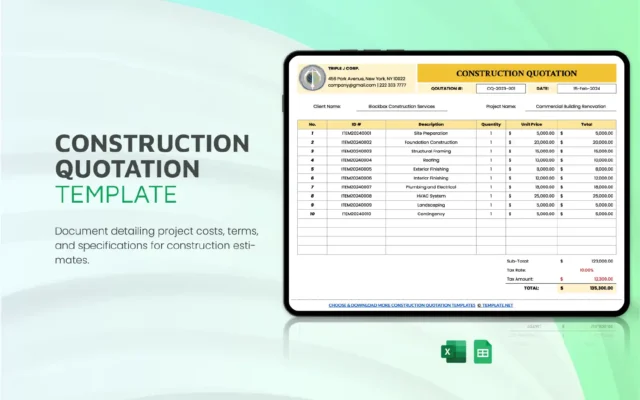 Construction quotation template displayed on a tablet with detailed cost breakdown and itemized services for a renovation project.